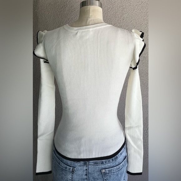 White Ruffle Trim Ribbed Top - Picture 2 of 2